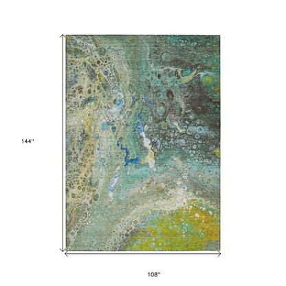 9' X 12' Teal Blue Lime Green And Green Abstract Washable Indoor Outdoor Area Rug