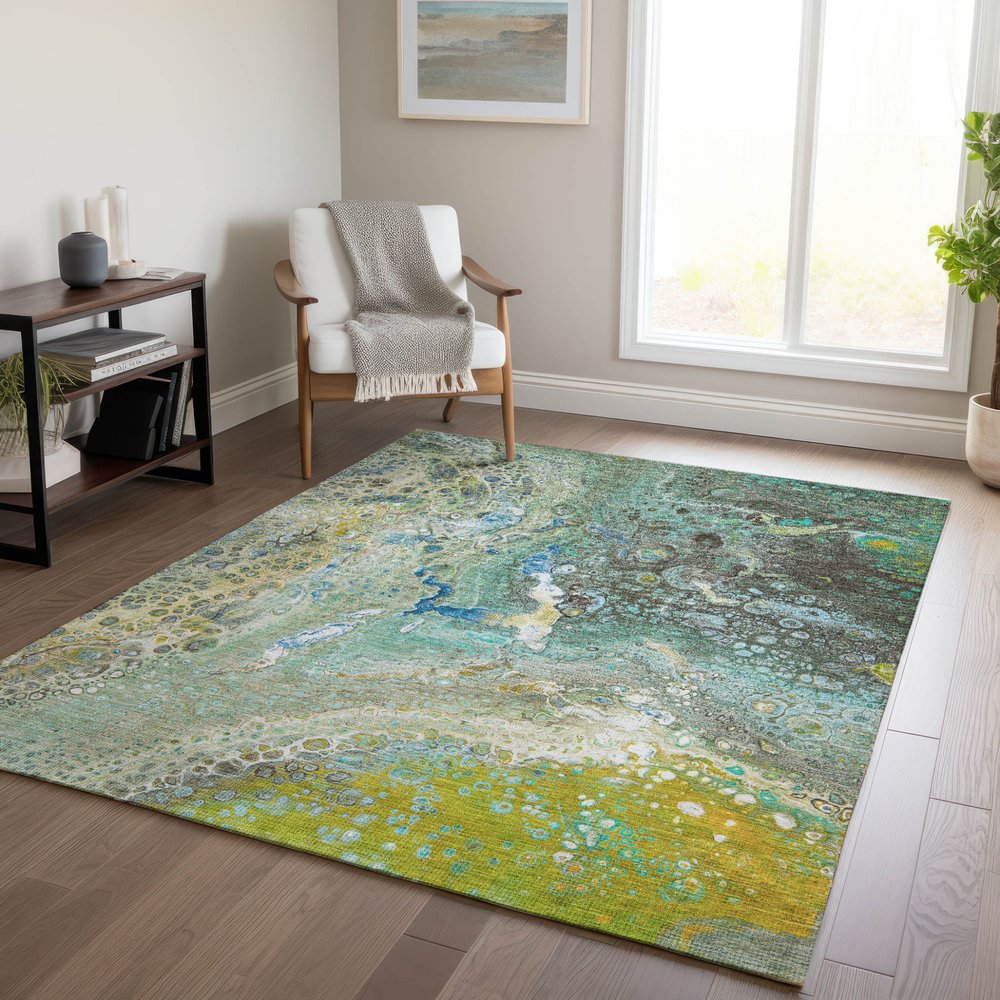 9' X 12' Teal Blue Lime Green And Green Abstract Washable Indoor Outdoor Area Rug