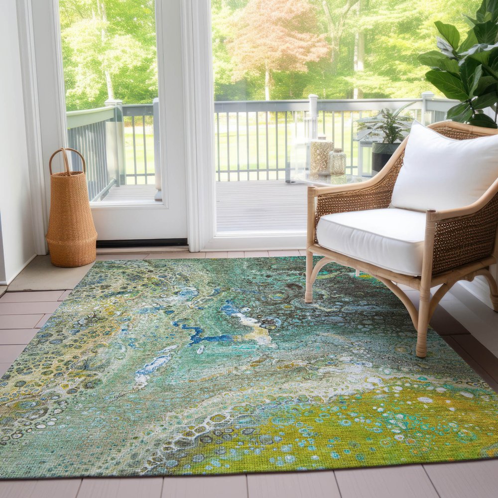 9' X 12' Teal Blue Lime Green And Green Abstract Washable Indoor Outdoor Area Rug