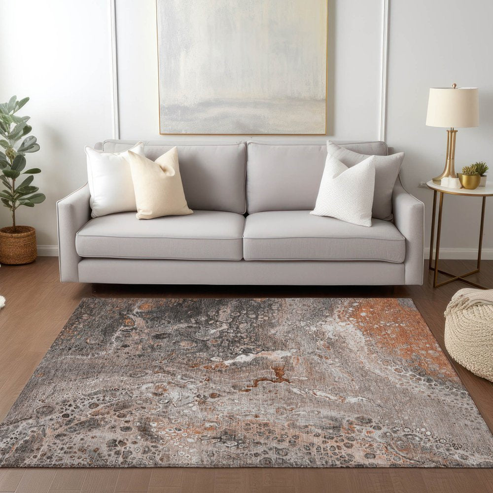 9' X 12' Terra Cotta Copper And Gray Abstract Washable Indoor Outdoor Area Rug