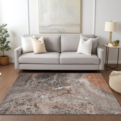 9' X 12' Terra Cotta Copper And Gray Abstract Washable Indoor Outdoor Area Rug