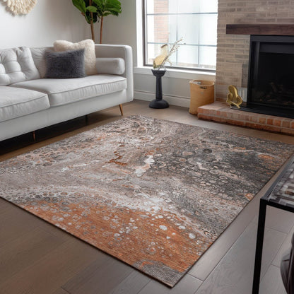9' X 12' Terra Cotta Copper And Gray Abstract Washable Indoor Outdoor Area Rug