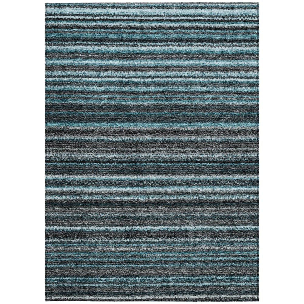 9' X 12' Teal Blue Sky Blue And Gray Striped Washable Indoor Outdoor Area Rug