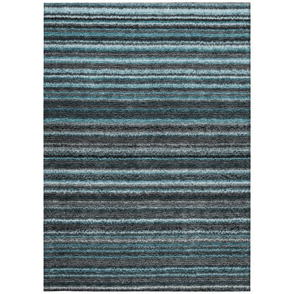 9' X 12' Teal Blue Sky Blue And Gray Striped Washable Indoor Outdoor Area Rug