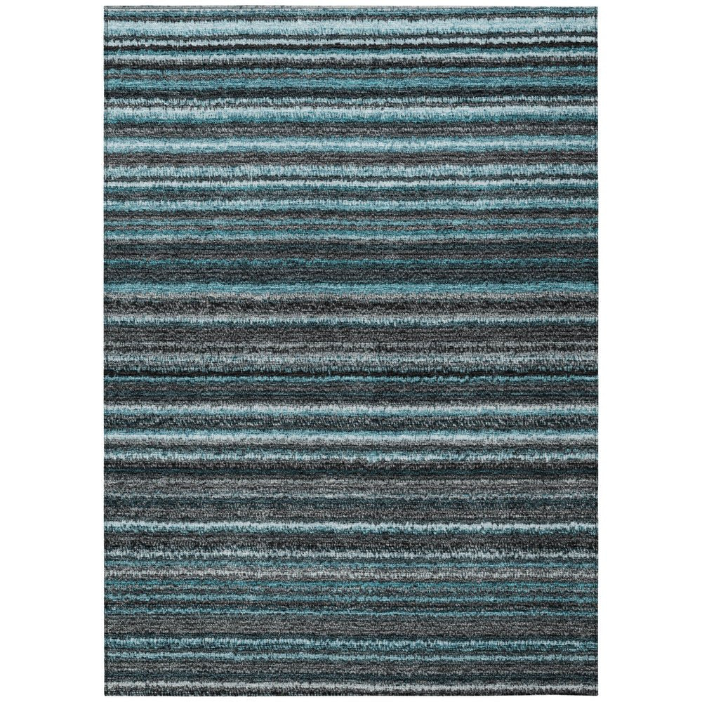 9' X 12' Teal Blue Sky Blue And Gray Striped Washable Indoor Outdoor Area Rug