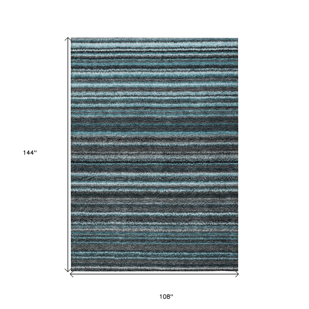 9' X 12' Teal Blue Sky Blue And Gray Striped Washable Indoor Outdoor Area Rug