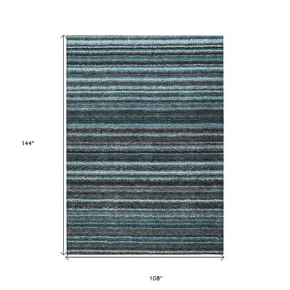 9' X 12' Teal Blue Sky Blue And Gray Striped Washable Indoor Outdoor Area Rug