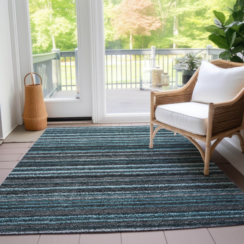 9' X 12' Teal Blue Sky Blue And Gray Striped Washable Indoor Outdoor Area Rug