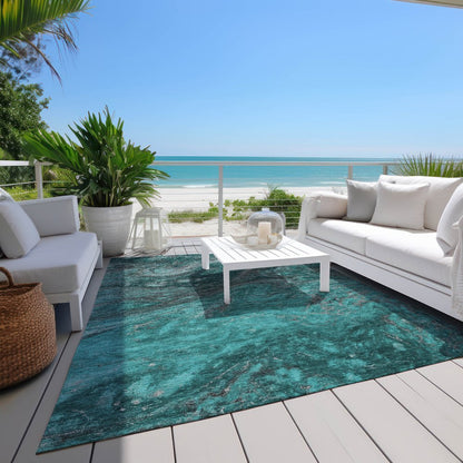 9' X 12' Teal Blue Aqua And Gray Abstract Washable Indoor Outdoor Area Rug