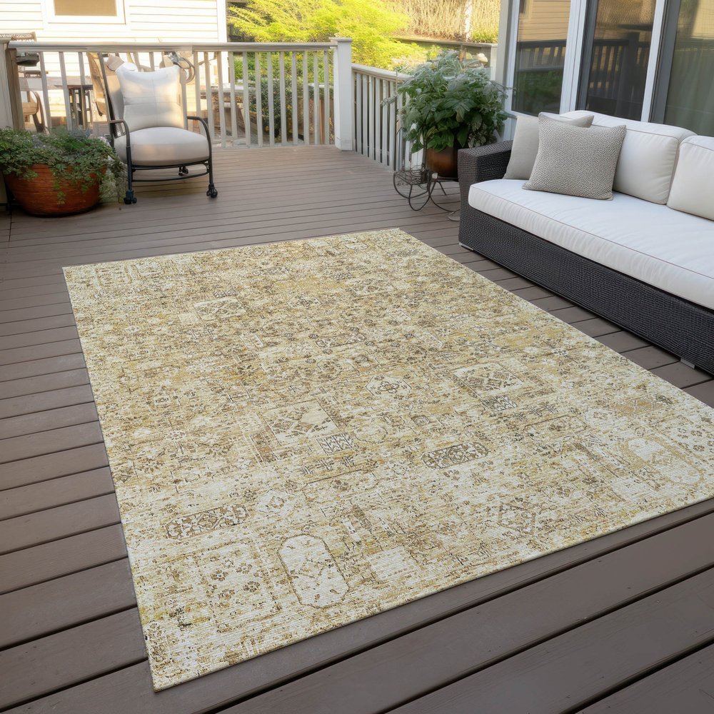 9' X 12' Wheat Beige And Gray Floral Washable Indoor Outdoor Area Rug