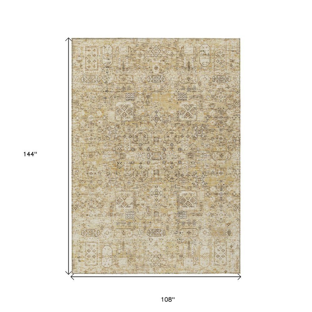9' X 12' Wheat Beige And Gray Floral Washable Indoor Outdoor Area Rug