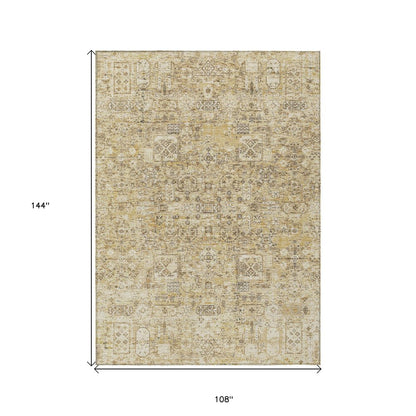 9' X 12' Wheat Beige And Gray Floral Washable Indoor Outdoor Area Rug