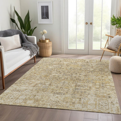 9' X 12' Wheat Beige And Gray Floral Washable Indoor Outdoor Area Rug