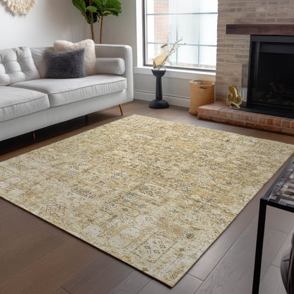 9' X 12' Wheat Beige And Gray Floral Washable Indoor Outdoor Area Rug