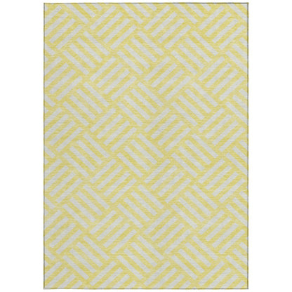 9' X 12' Yellow And Ivory Geometric Washable Indoor Outdoor Area Rug