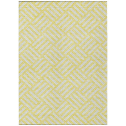 9' X 12' Yellow And Ivory Geometric Washable Indoor Outdoor Area Rug