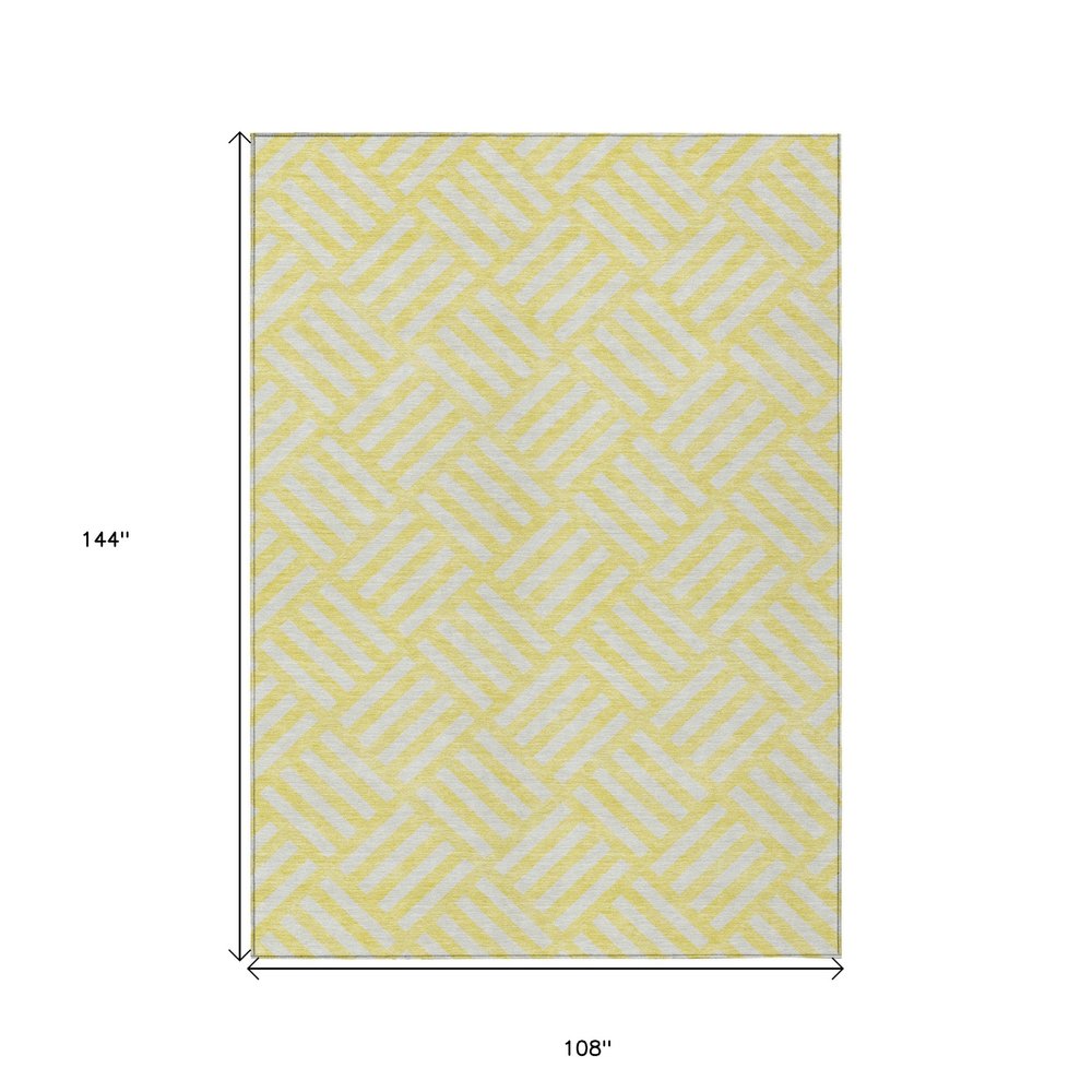 9' X 12' Yellow And Ivory Geometric Washable Indoor Outdoor Area Rug