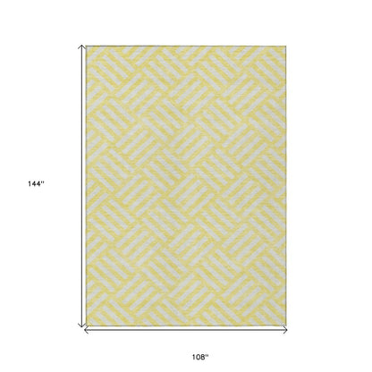 9' X 12' Yellow And Ivory Geometric Washable Indoor Outdoor Area Rug