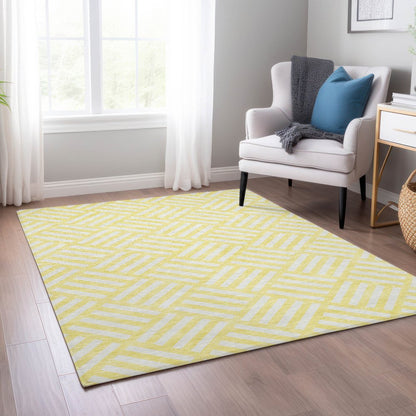 9' X 12' Yellow And Ivory Geometric Washable Indoor Outdoor Area Rug
