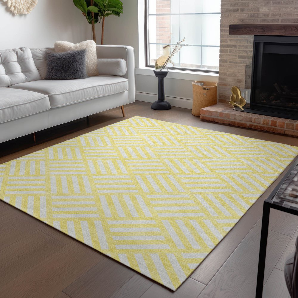 9' X 12' Yellow And Ivory Geometric Washable Indoor Outdoor Area Rug