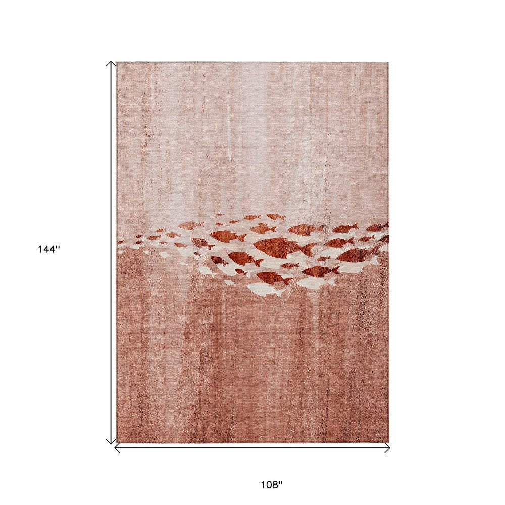 9' X 12' Terra Cotta Copper And Ivory Nautical Washable Indoor Outdoor Area Rug
