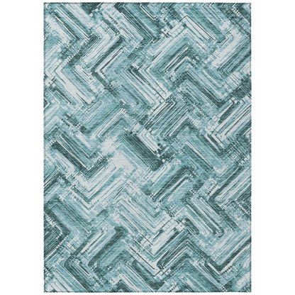 9' X 12' Teal Blue Aqua And Ivory Geometric Washable Indoor Outdoor Area Rug