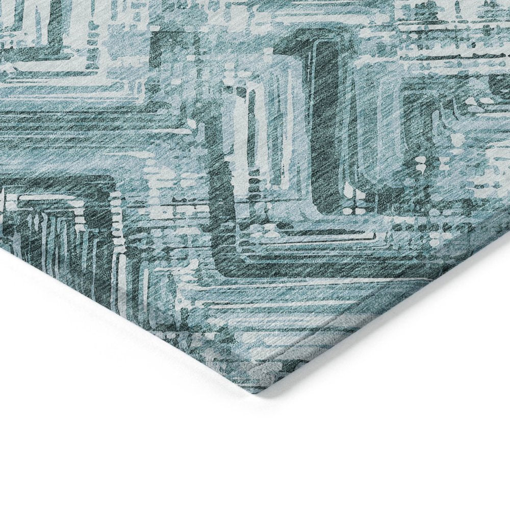 9' X 12' Teal Blue Aqua And Ivory Geometric Washable Indoor Outdoor Area Rug