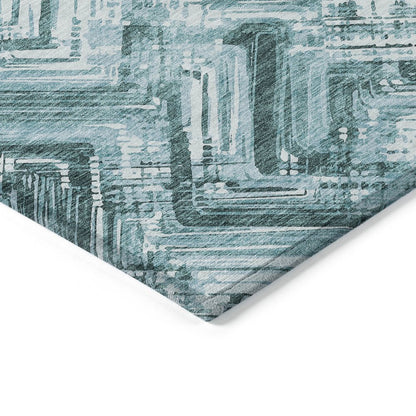 9' X 12' Teal Blue Aqua And Ivory Geometric Washable Indoor Outdoor Area Rug
