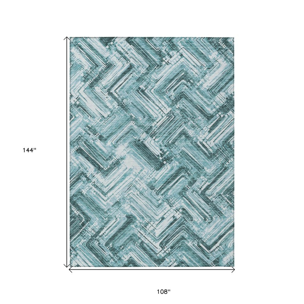 9' X 12' Teal Blue Aqua And Ivory Geometric Washable Indoor Outdoor Area Rug