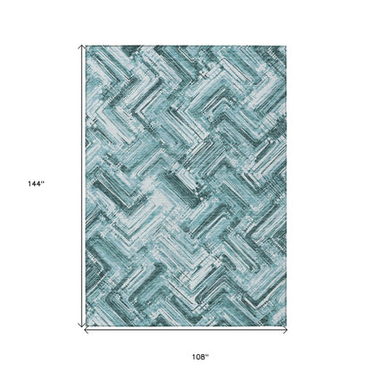 9' X 12' Teal Blue Aqua And Ivory Geometric Washable Indoor Outdoor Area Rug