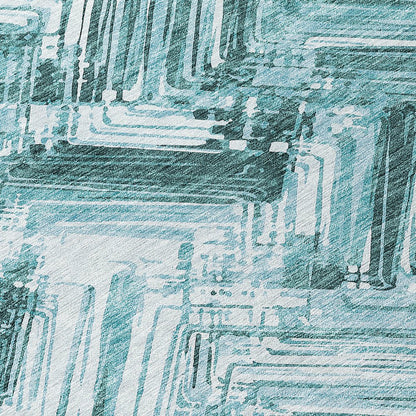 9' X 12' Teal Blue Aqua And Ivory Geometric Washable Indoor Outdoor Area Rug