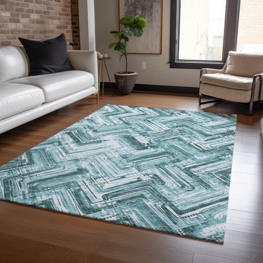 9' X 12' Teal Blue Aqua And Ivory Geometric Washable Indoor Outdoor Area Rug