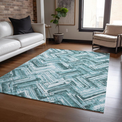 9' X 12' Teal Blue Aqua And Ivory Geometric Washable Indoor Outdoor Area Rug