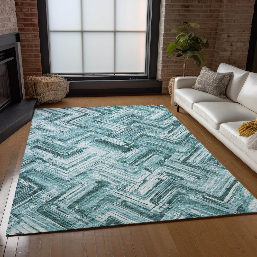9' X 12' Teal Blue Aqua And Ivory Geometric Washable Indoor Outdoor Area Rug