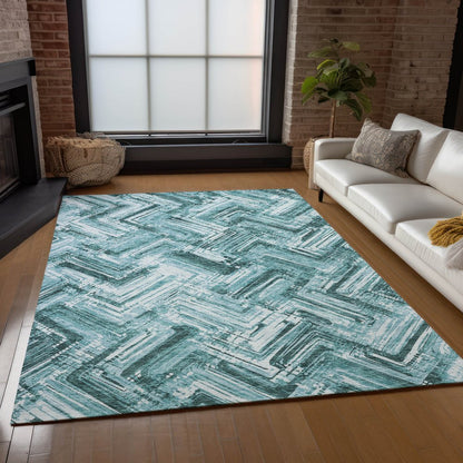 9' X 12' Teal Blue Aqua And Ivory Geometric Washable Indoor Outdoor Area Rug