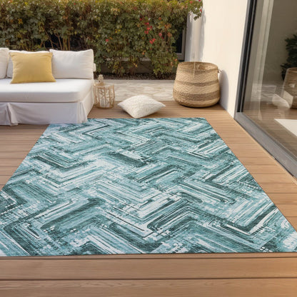 9' X 12' Teal Blue Aqua And Ivory Geometric Washable Indoor Outdoor Area Rug
