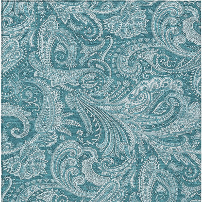 9' X 12' Turquoise And Ivory Paisley Washable Indoor Outdoor Area Rug
