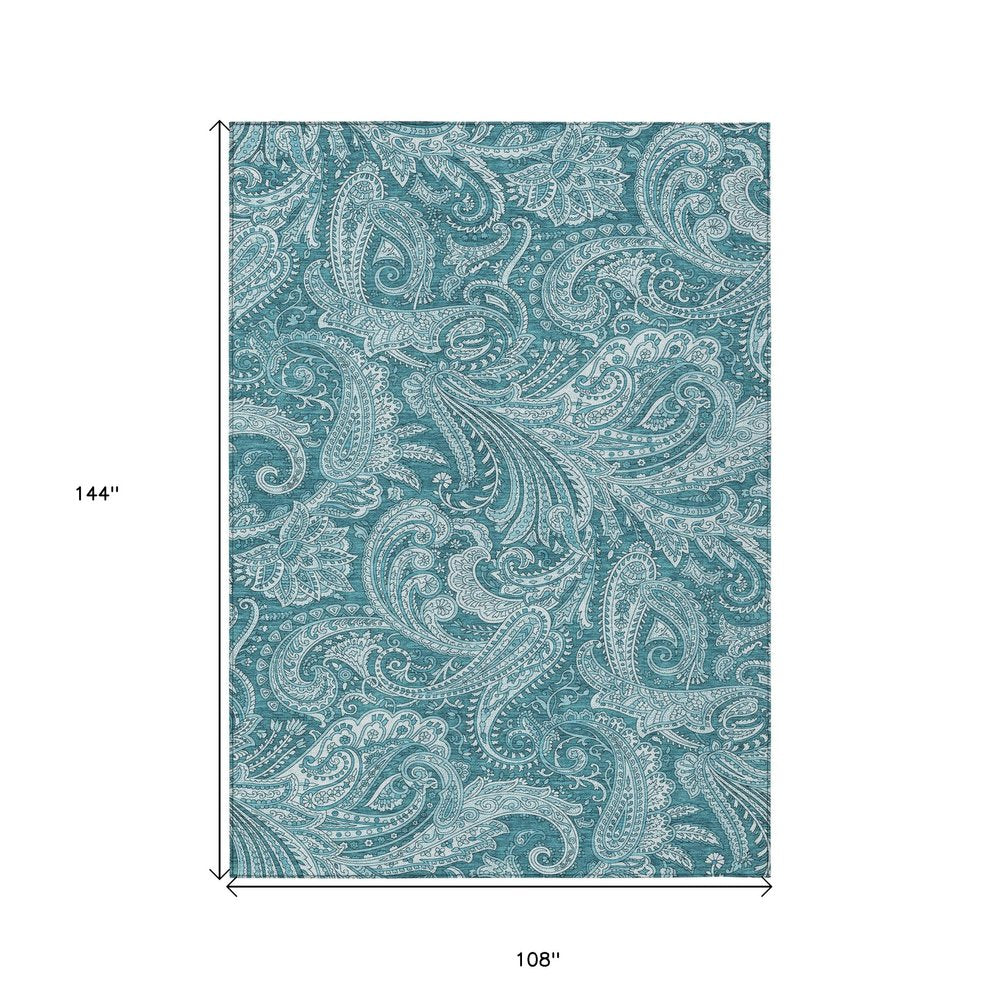 9' X 12' Turquoise And Ivory Paisley Washable Indoor Outdoor Area Rug