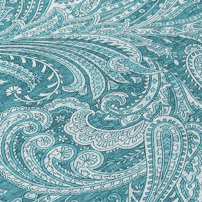 9' X 12' Turquoise And Ivory Paisley Washable Indoor Outdoor Area Rug