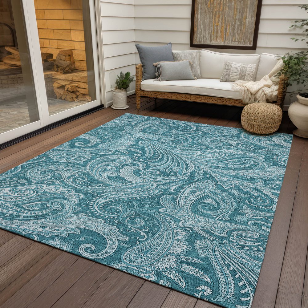 9' X 12' Turquoise And Ivory Paisley Washable Indoor Outdoor Area Rug