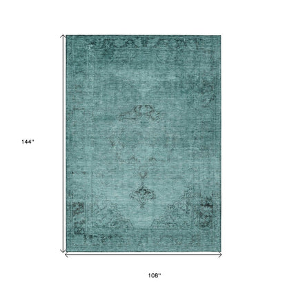 9' X 12' Teal Blue Turquoise And Charcoal Oriental Washable Indoor Outdoor Area Rug