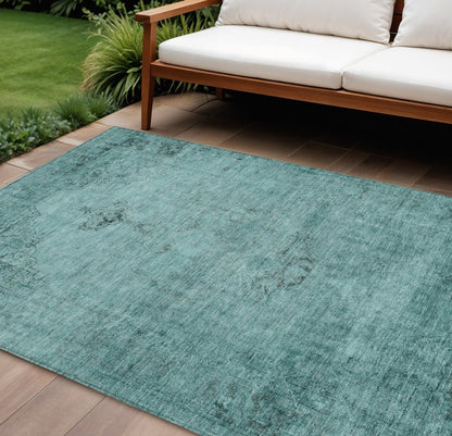 9' X 12' Teal Blue Turquoise And Charcoal Oriental Washable Indoor Outdoor Area Rug