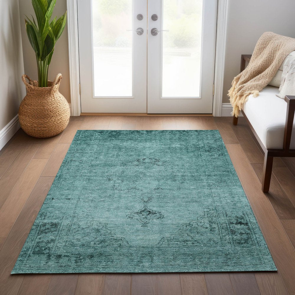 9' X 12' Teal Blue Turquoise And Charcoal Oriental Washable Indoor Outdoor Area Rug