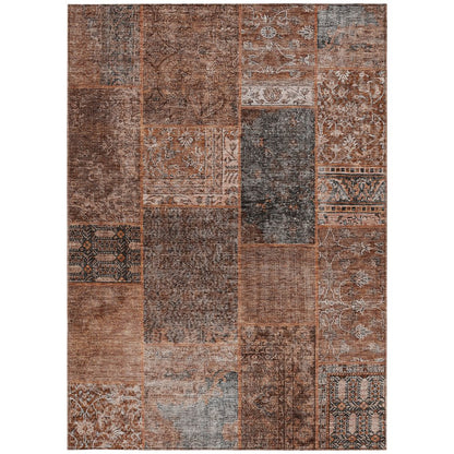 9' X 12' Terra Cotta Copper And Charcoal Patchwork Washable Indoor Outdoor Area Rug