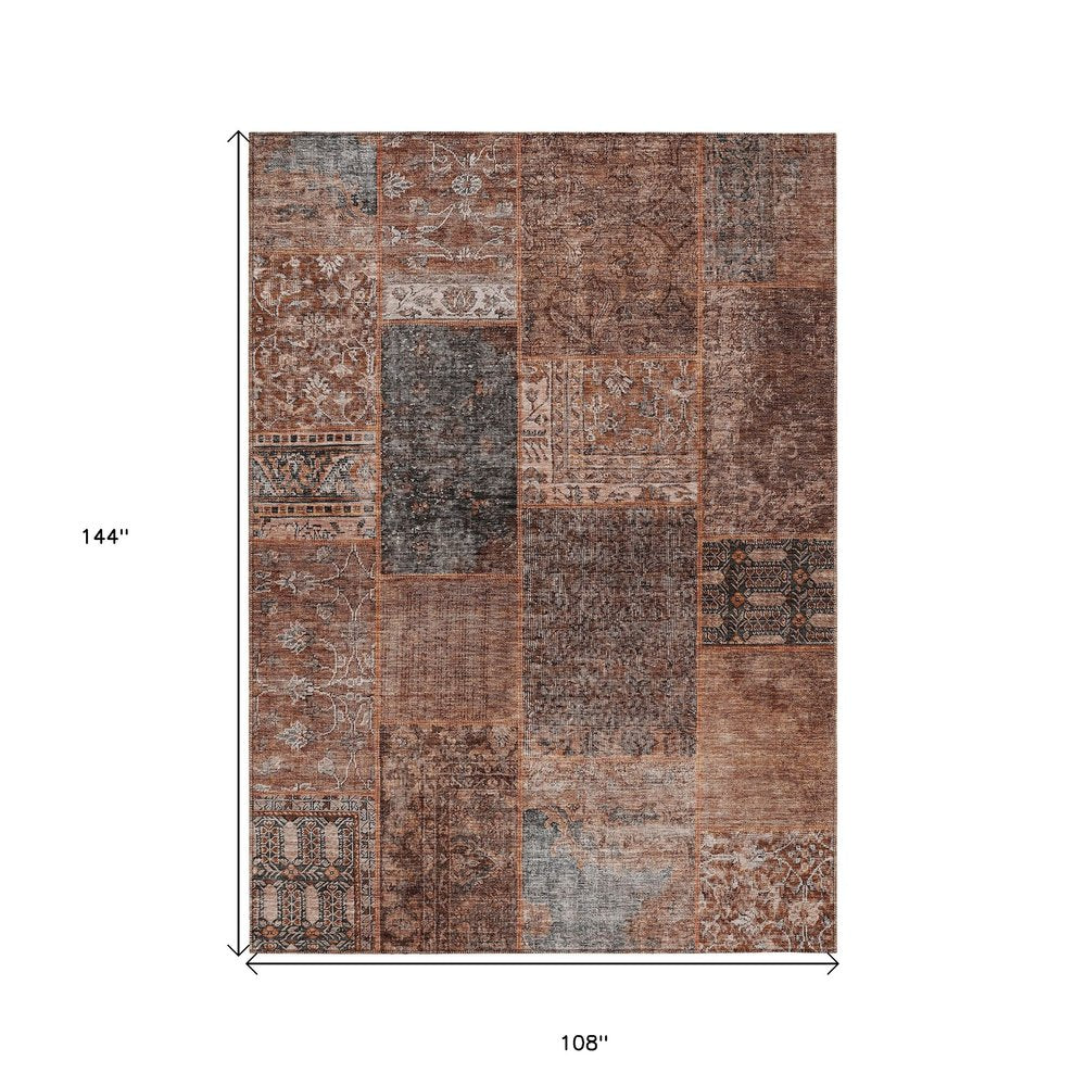 9' X 12' Terra Cotta Copper And Charcoal Patchwork Washable Indoor Outdoor Area Rug