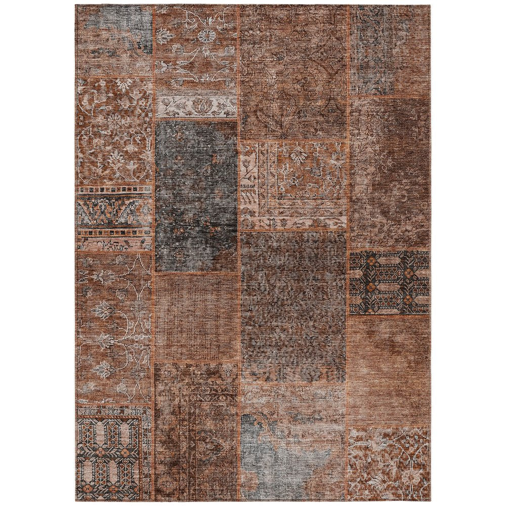 9' X 12' Terra Cotta Copper And Charcoal Patchwork Washable Indoor Outdoor Area Rug