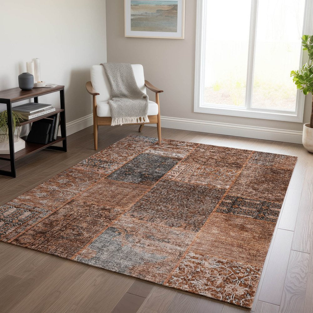 9' X 12' Terra Cotta Copper And Charcoal Patchwork Washable Indoor Outdoor Area Rug