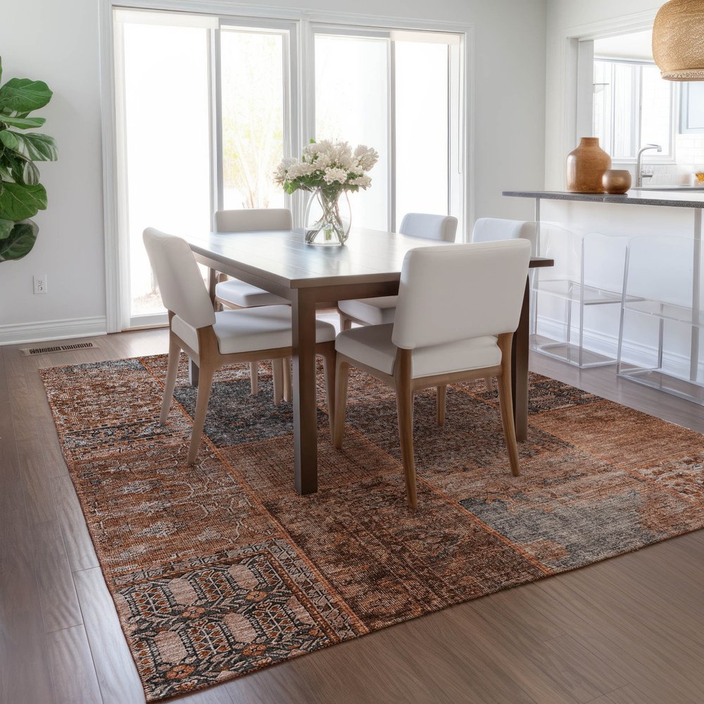9' X 12' Terra Cotta Copper And Charcoal Patchwork Washable Indoor Outdoor Area Rug