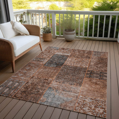 9' X 12' Terra Cotta Copper And Charcoal Patchwork Washable Indoor Outdoor Area Rug