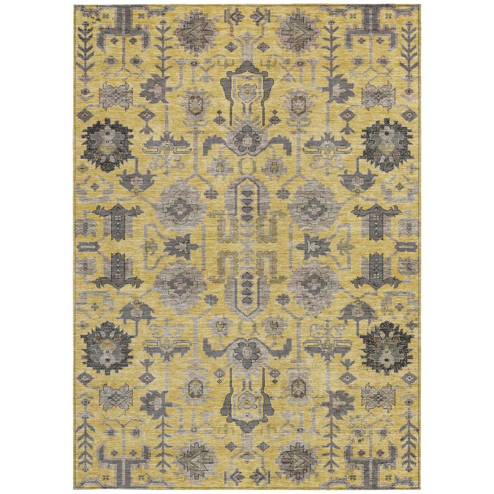 9' X 12' Yellow Gray And Charcoal Oriental Washable Indoor Outdoor Area Rug
